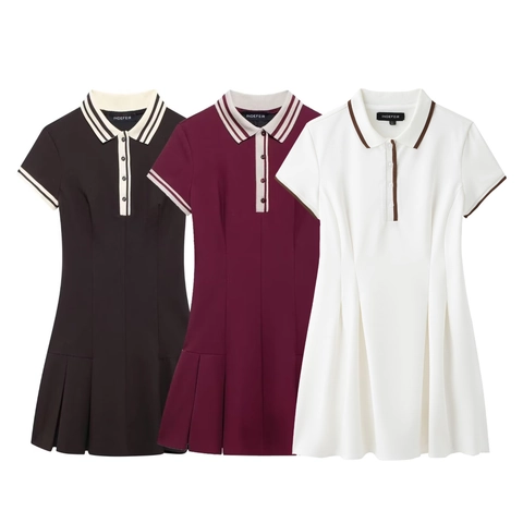 Women Elegant Polo Neck Pleated Dress Short Sleeve Colorblock Preppy Style Casual Tennis Fashion Polyester Mini Dress