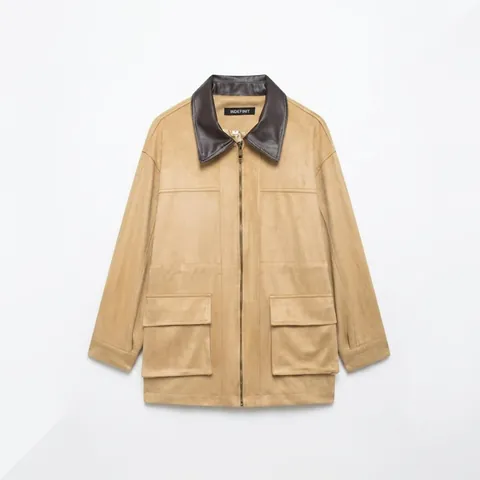 Chaqueta de Gamuza para Mujer Cuello de Solapa en Cuero Sintético en Contraste Bloque de Color Ropa de Abrigo con Bolsillos Grandes Abrigo de Invierno Caqui