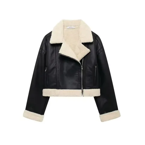 Women Faux Leather Biker Jacket Faux Shearling Trim Lapel Zipper Short Outerwear Splicing Casual Warm Streetwear Autumn Winter Coat