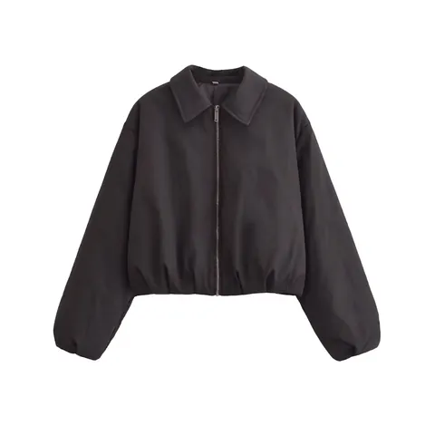 Women Street Fashion Casual Cotton Padded Jacket Autumn Winter Lapel Zipper Short Bomber Jacket Outwear Solid Black Coat