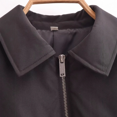 Women Street Fashion Casual Cotton Padded Jacket Autumn Winter Lapel Zipper Short Bomber Jacket Outwear Solid Black Coat