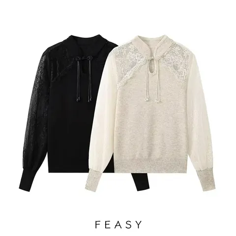 Women Retro New Chinese Style Knitted Top Lace Patchwork Stand Collar Frog Button Artificial Pearl Pendant Casual Long Sleeve Sweater