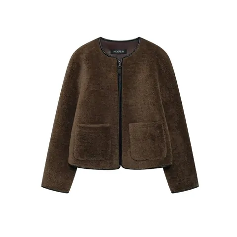 Chaqueta Casual de Sherpa para Mujer Manga Larga con Cremallera Cuello Redondo Patchwork Ropa de Abrigo con Bolsillos Ribete de Cuero Sintético Marrón