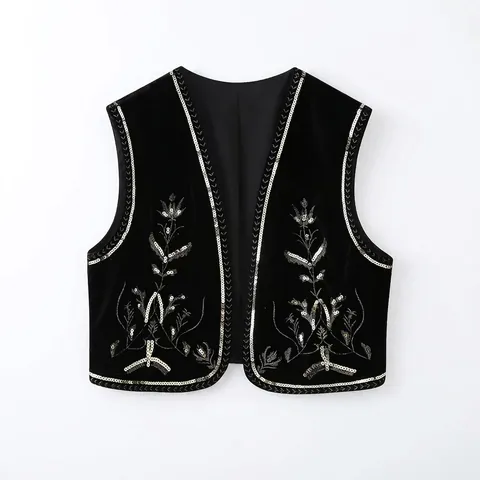 Women's Casual Velvet Vest Floral Sequin Embroidery Sleeveless Waistcoat Ethnic Streetwear Open Front Top Black