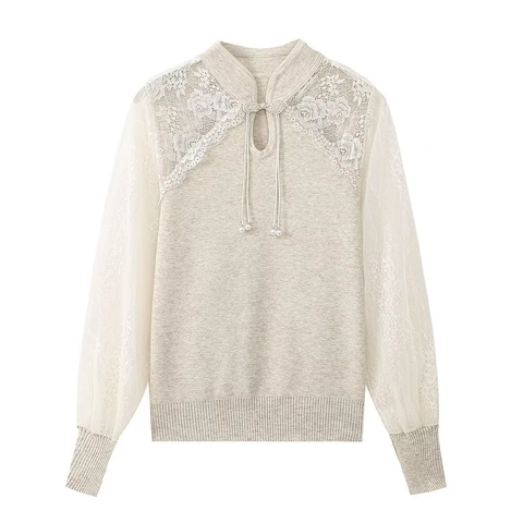 Women's Elegant Lace Stitching Knit Top Vintage Mandarin Collar Frog Button Artificial Pearl Decor Long Sleeve Pullover Sweater