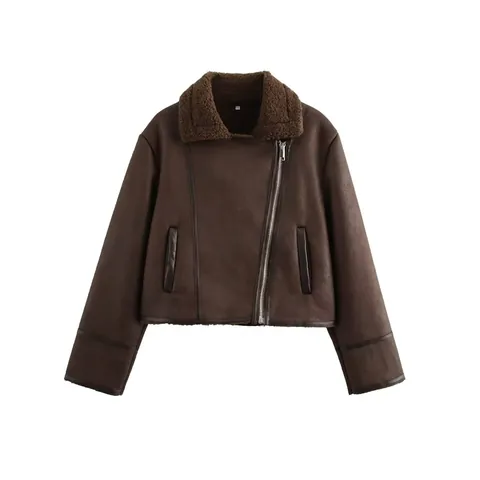 Women Faux Suede Shearling Biker Jacket Dark Brown Short Warm Autumn Winter Moto Coat With Fur Collar Pocket Zipper