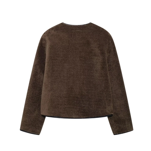Chaqueta Casual de Sherpa para Mujer Manga Larga con Cremallera Cuello Redondo Patchwork Ropa de Abrigo con Bolsillos Ribete de Cuero Sintético Marrón