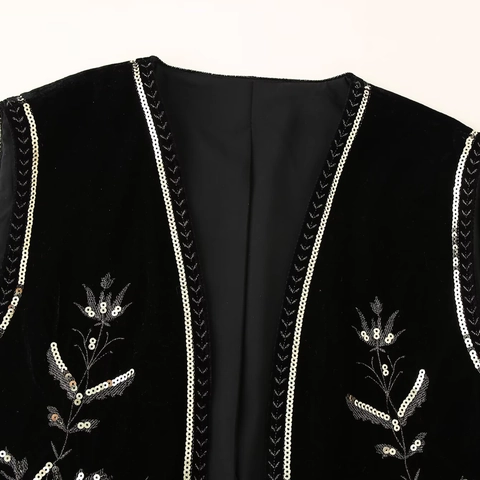 Women's Casual Velvet Vest Floral Sequin Embroidery Sleeveless Waistcoat Ethnic Streetwear Open Front Top Black