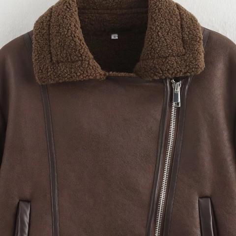 Women Faux Suede Shearling Biker Jacket Dark Brown Short Warm Autumn Winter Moto Coat With Fur Collar Pocket Zipper
