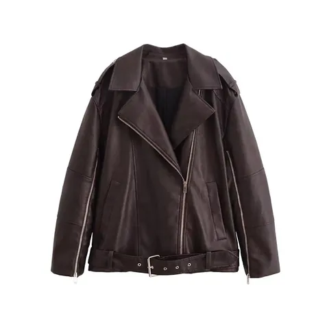 Giacca da Moto in Pelle PU Sintetica da Donna Marrone Scuro Cappotto con Cintura Cerniera Risvolto Manica Lunga Streetwear