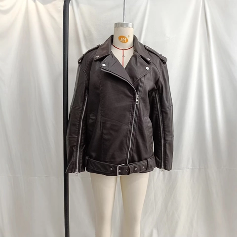 Giacca da Moto in Pelle PU Sintetica da Donna Marrone Scuro Cappotto con Cintura Cerniera Risvolto Manica Lunga Streetwear