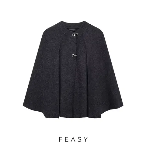 Damen Rundhals Strick Poncho Cape Jacke Mit Silbernen Metallschnallen Einfarbig Dunkelgrau Streetwear Pullover Outerwear