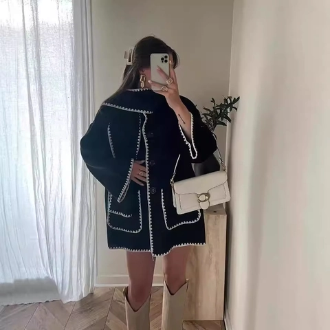 Damen Wollmantel Schalkragen Kontrast Zierstich Quasten Saum Langarm Mittellange Locker Oberbekleidung Jacke