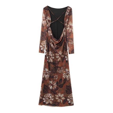 Women Vintage Long Sleeve Backless Floral Mesh Dress Elegant Cowl Neck Criss Cross Straps Maxi Spliced Printed Bodycon Dress