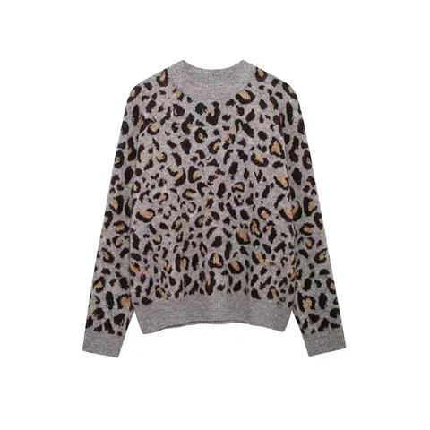 Women Leopard Print Knit Cardigan Sweater Round Neck Button Down Long Sleeve Autumn Winter Casual Streetwear Knitwear Jacket