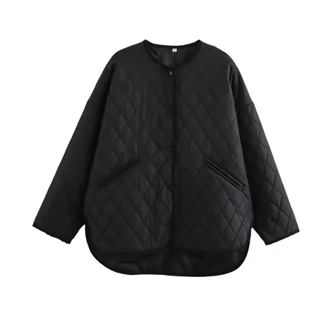 Women's Rhombus Quilted Jacket Round Neck Button Down Casual Loose Long Sleeve Padded Coat Fashion High Low Hem Outerwear