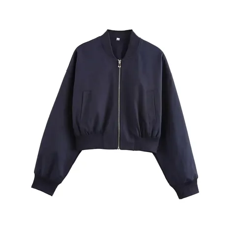 Women Casual Solid Navy Blue Bomber Jacket Lightweight Zipper Outerwear Long Sleeve Ribbed Trim Streetwear Short Coat