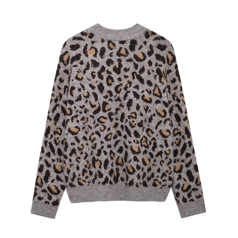 Women Leopard Print Knit Cardigan Sweater Round Neck Button Down Long Sleeve Autumn Winter Casual Streetwear Knitwear Jacket