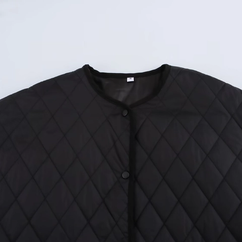 Women's Rhombus Quilted Jacket Round Neck Button Down Casual Loose Long Sleeve Padded Coat Fashion High Low Hem Outerwear