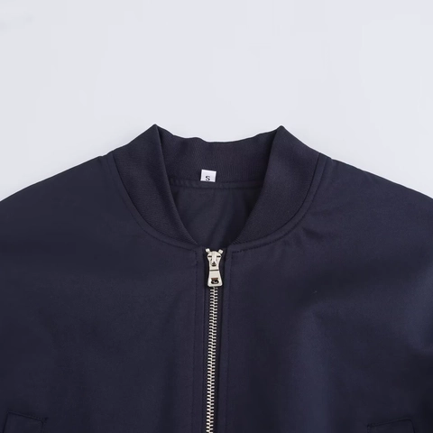 Women Casual Solid Navy Blue Bomber Jacket Lightweight Zipper Outerwear Long Sleeve Ribbed Trim Streetwear Short Coat