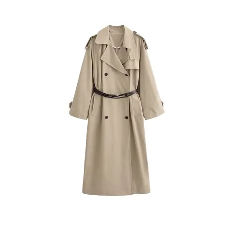 Dames Klassieke Double Breasted Trenchcoat Met Riem Elegant Revers Lange Mouw Khaki Windbreaker Jas Bovenkleding