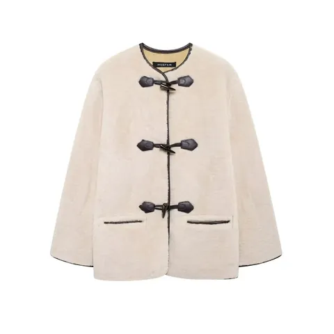 Women's Faux Fur Coat Loose Fit Round Neck Toggle Button Faux Leather Trim Long Sleeve Solid Color Warm Autumn Winter Jacket