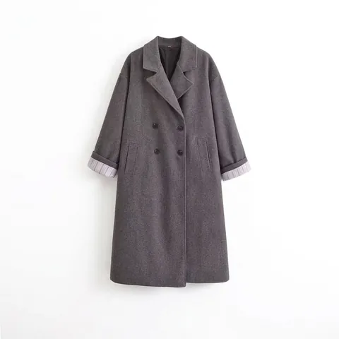 Damen Elegant Mittellang Wolltextur Mantel Zweireihig Revers Festes Grau Trenchcoat Gestreifte Ärmelbündchen Winter Warme Jacke Damenbekleidung