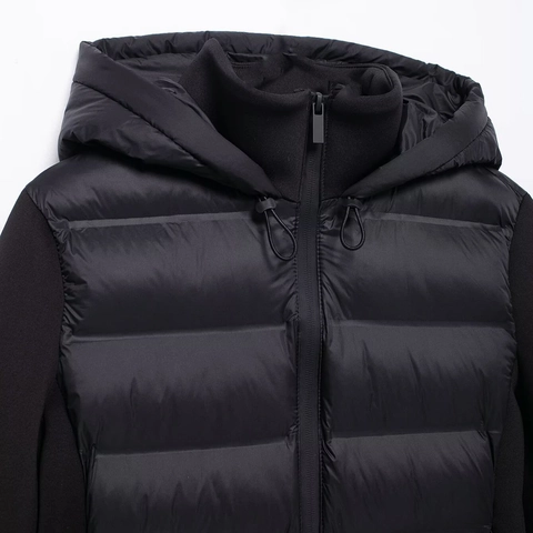 Veste Matelassée à Capuche pour Femme Manteau Rembourré Décontracté Patchwork Streetwear Fermeture Éclair Avant Vêtements d'Automne Hiver Noir