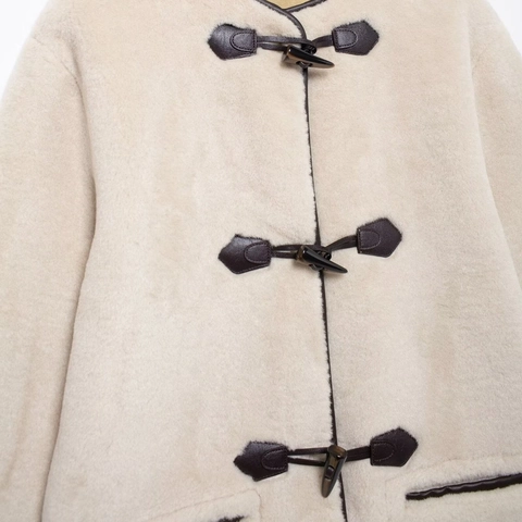 Women's Faux Fur Coat Loose Fit Round Neck Toggle Button Faux Leather Trim Long Sleeve Solid Color Warm Autumn Winter Jacket