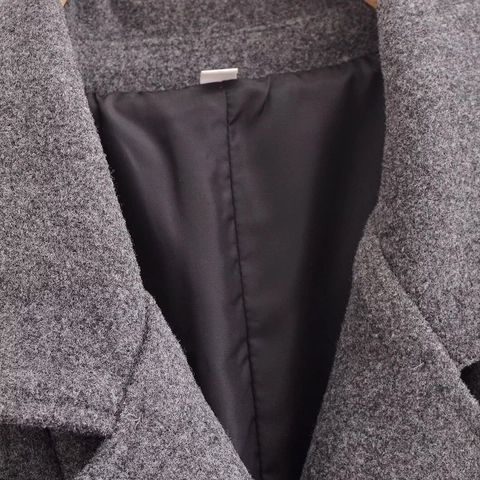 Damen Elegant Mittellang Wolltextur Mantel Zweireihig Revers Festes Grau Trenchcoat Gestreifte Ärmelbündchen Winter Warme Jacke Damenbekleidung