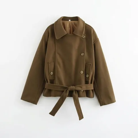 Dames Mode Asymmetrische Wollen Jas Met Vetersluiting Winter Revers Double-Breasted Korte Jas Donkerbruin Warme Bovenkleding