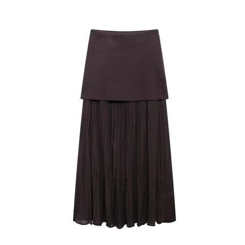 Gonna Midi da Donna in Maglia a Pieghe Patchwork Vita Alta Elegante Linea A Tinta Unita Autunno Inverno Casual Calda Gonna