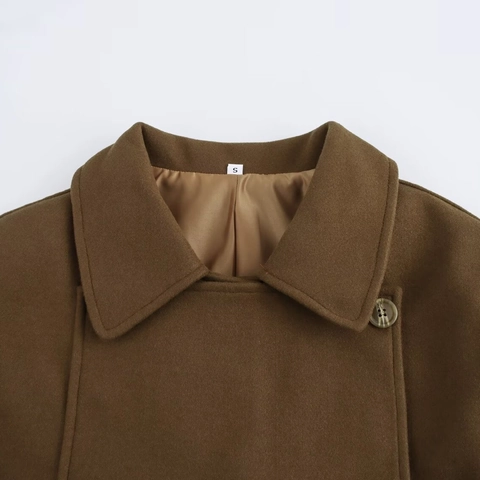 Dames Mode Asymmetrische Wollen Jas Met Vetersluiting Winter Revers Double-Breasted Korte Jas Donkerbruin Warme Bovenkleding