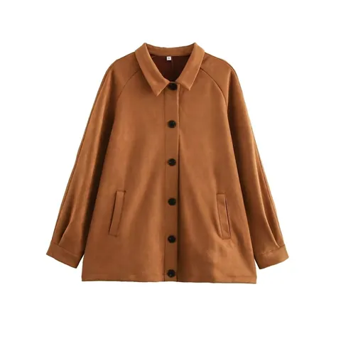 Damen Casual Wildleder Textur Jacke Locker Langarm Einreihig Polo Kragen Karamell Braun Oberbekleidung Herbst Winter Top