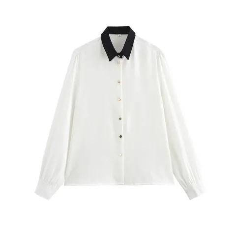 Women Casual Contrast Color Patchwork Long Sleeve Shirt Elegant Lapel Single Breasted Blouse Top