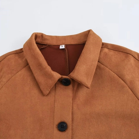 Damen Casual Wildleder Textur Jacke Locker Langarm Einreihig Polo Kragen Karamell Braun Oberbekleidung Herbst Winter Top