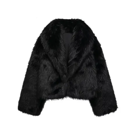 Women Fashion Faux Fur Jacket Winter Thick Warm Long Sleeve Lapel Collar Single Breasted Short Coat Streetwear Solid Black Cardigan