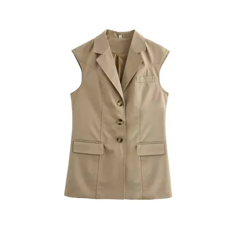 Chaleco De Traje Para Mujer Con Solapa Sin Mangas Caqui Color Sólido Longitud Media Botonadura Sencilla Oficina Chaleco Con Bolsillos