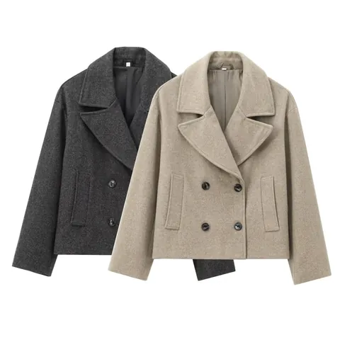 Dames Double-Breasted Wollen Korte Jas Reverskraag Herfst Winter Effen Kleur Warme Casual Outwear Jas