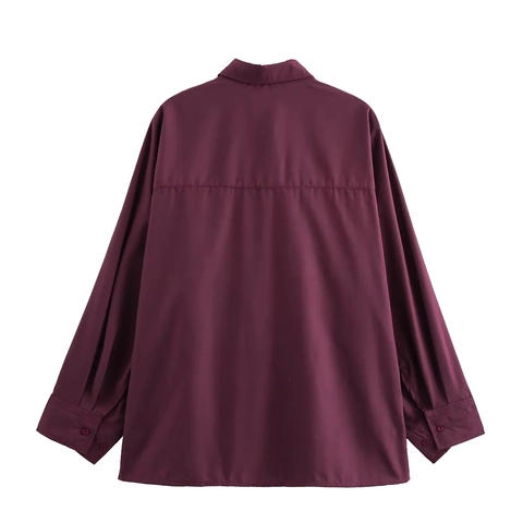 Women Casual Ankara Red Raglan Sleeve Shirt Loose Long Sleeve Polo Collar Single Breasted Solid Color Autumn Winter Top