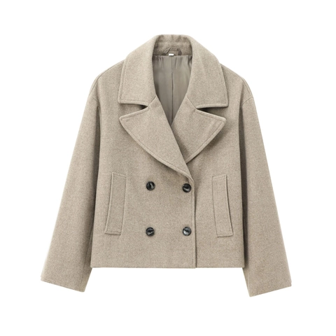 Dames Double-Breasted Wollen Korte Jas Reverskraag Herfst Winter Effen Kleur Warme Casual Outwear Jas