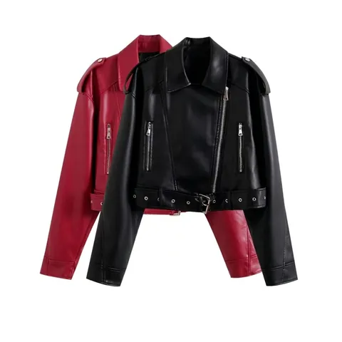 Chaqueta de Moto de Cuero Artificial para Mujer Abrigo Biker Corto Con Cinturón Solapa Cremallera Diagonal Street Fashion Otoño Invierno