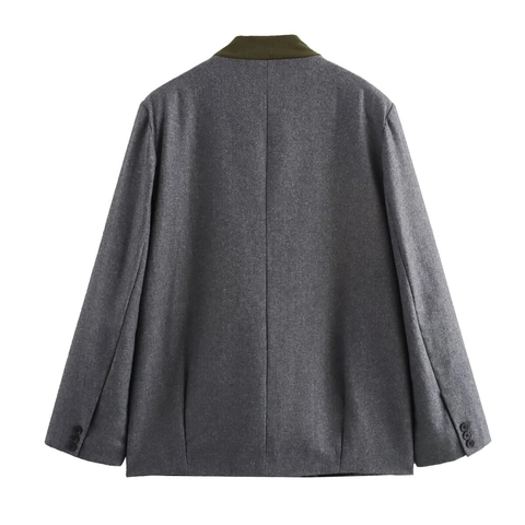 Women Elegant Dark Gray Contrast Collar Suit Jacket Single Breasted Woolen Texture Long Sleeve Blazer For Autumn Winter