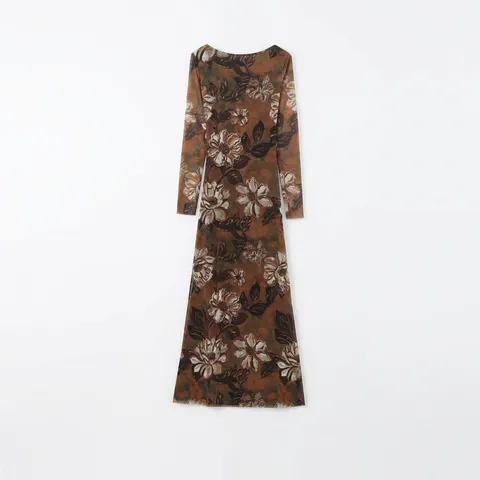 Vestido de Malla de Manga Larga con Espalda Descubierta para Mujer Elegante Cuello Hamaca Correas Cruzadas Maxi Vestido Bodycon Estampado