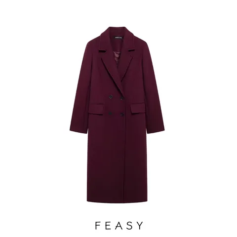 Dames Elegant Bourgondië Lange Wolmix Jas Double Breasted Revers Slim Fit Warme Overjas Trenchcoat Voor Herfst Winter