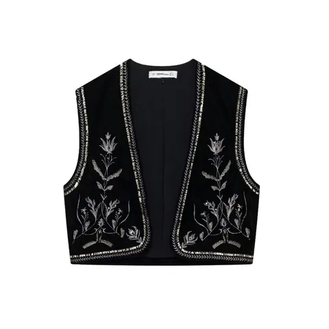 Gilet en Velours Brodé Vintage pour Femmes Sans Manches Paillettes Ouvert Devant Style Ethnique Rétro Col en V Top