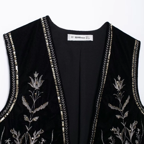 Gilet en Velours Brodé Vintage pour Femmes Sans Manches Paillettes Ouvert Devant Style Ethnique Rétro Col en V Top