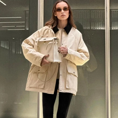 Γυναικείο Vintage Workwear Σακάκι με Κοτλέ Γιακά Χαλαρό Μονόπετο Επενδεδυμένο Παλτό Μεγάλες Τσέπες Casual Streetwear
