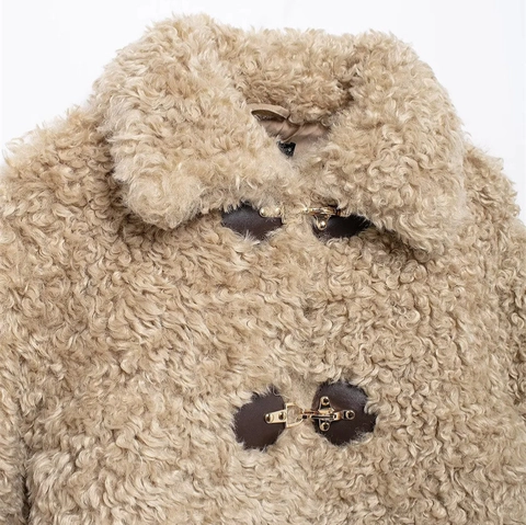 Women Casual Lamb Wool Jacket Fashion Loose Teddy Fur Coat With Leather Metal Buckle Winter Warm Lapel Long Sleeve Top
