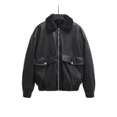 Giacca in Ecopelle Casual da Donna Con Colletto in Pelliccia Sintetica Streetwear Bomber Largo Con Cerniera Cappotto Caldo